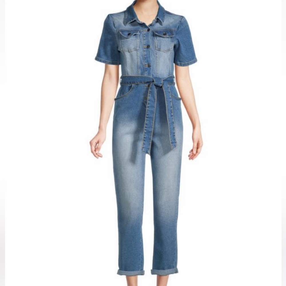 AVEC LES FILLES Tie-Waist Denim Jumpsuit